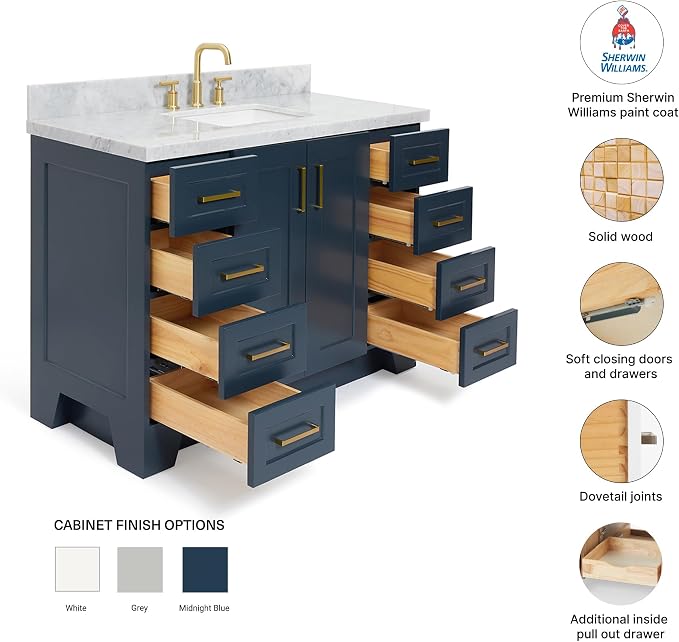 Emilia 48-Inch Bathroom Vanity with Sink — Midnight Blue Single Sink Bathroom Vanity, 1.5" Edge Italian Carrara Marble Top, Solid Wood, 2 Soft Closing Doors, 9 Dovetail Drawers