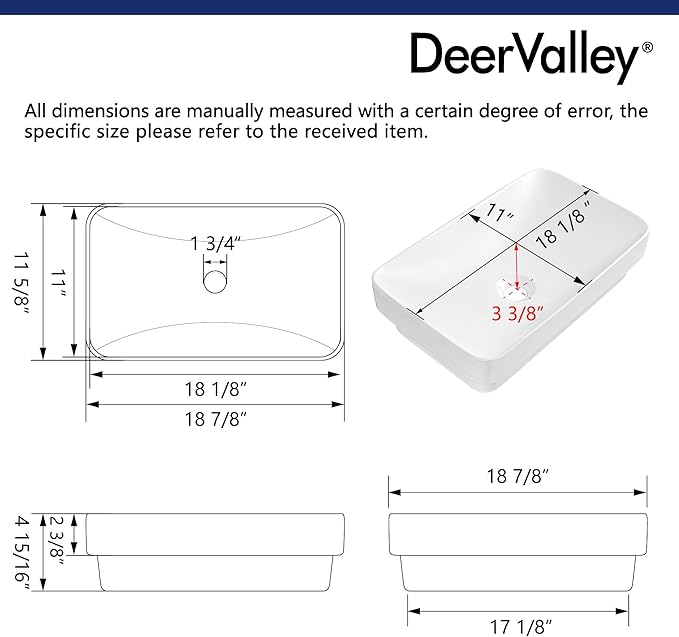 DeerValley 19" x 12" Semi-Recessed Ceramic Vessel Sink for Bathroom Vanity, Rectangular White Countertop Above Counter Basin with No Overflow Hole, Modern Bathroom Sink Bowl