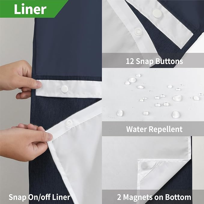 eachope No Hook Fabric Shower Curtain with Snap-in Liner,71x86 Navy Blue | Extra Long,Linen Texture,230GSM Thick Fabric,Mesh Window,Bottom Magnetic,Waterproof & Machine Washable,for Bathroom,Hotel Use