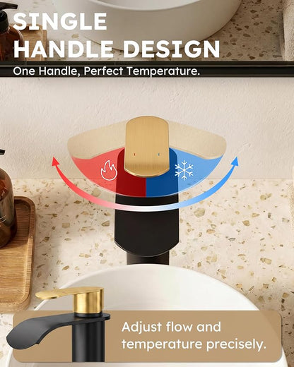 Vessel Sink Faucet Black and Gold：WOWOW Single Handle Tall Bathroom Faucet - Waterfall Single Hole Mixer Bar Tap with Large Rectangular Spout, Deck Mount Lavatory Vanity with Pop Up Drain