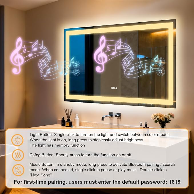 48"x28" LED Bathroom Mirror with Lights,Bluetooth Dual Speaker | Anti-Fog,3 Color Temperature,Dimmable Brightness,Memory Function,Waterproof,Wall Mount Design,Tempered Glass