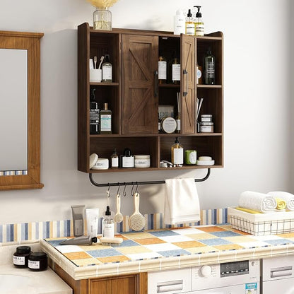 RUSTOWN Rustic Bathroom Wall Storage Cabinet with 2 Barn Doors, Dark Walnut | Farmhouse Medicine Cabinet, Wall Mounted, Space Saving, 3-Tier Adjustable Shelves, Towel Bar, 5 Hooks