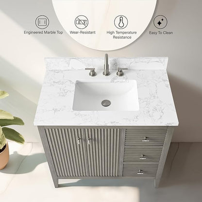 Vanity Art 36 inch Bathroom Vanity with Single Sink & Ceramic Top, Vanity Cabinet with Soft-Closing Door, Solid Wood Frame, Linear Pattern, Driftwood Gray, VA9136-DG-MB,Matte Black Handles