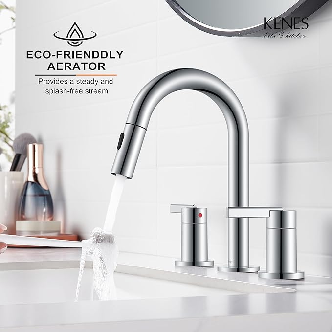 KENES Chrome Pull Down Bathroom Faucet, 8 Inch 2 Handle Widespread Bathroom Faucet 3 Hole with Pull Out Sprayer, Bathroom Sink Faucet with Pop Up Drain & Supply Lines LJ-9068-5