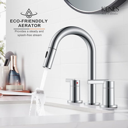 KENES Chrome Pull Down Bathroom Faucet, 8 Inch 2 Handle Widespread Bathroom Faucet 3 Hole with Pull Out Sprayer, Bathroom Sink Faucet with Pop Up Drain & Supply Lines LJ-9068-5