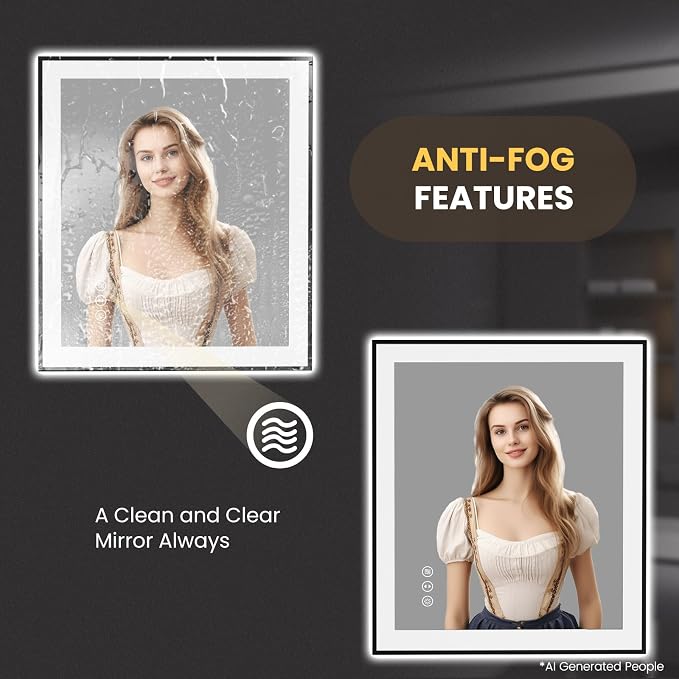 LOAAO 28"X32" LED Bathroom Mirror Black Framed | Anti-Fog, Dimmable, Memory Function, Tempered Glass, Lighted Vanity Mirror for Wall