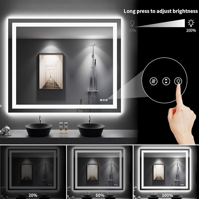 LOAAO 48"X40" LED Bathroom Mirror with Lights, UL Listed | Anti-Fog, Dimmable, 3 Color Temperature, Backlit + Front Lit, Memory Function, Tempered Glass