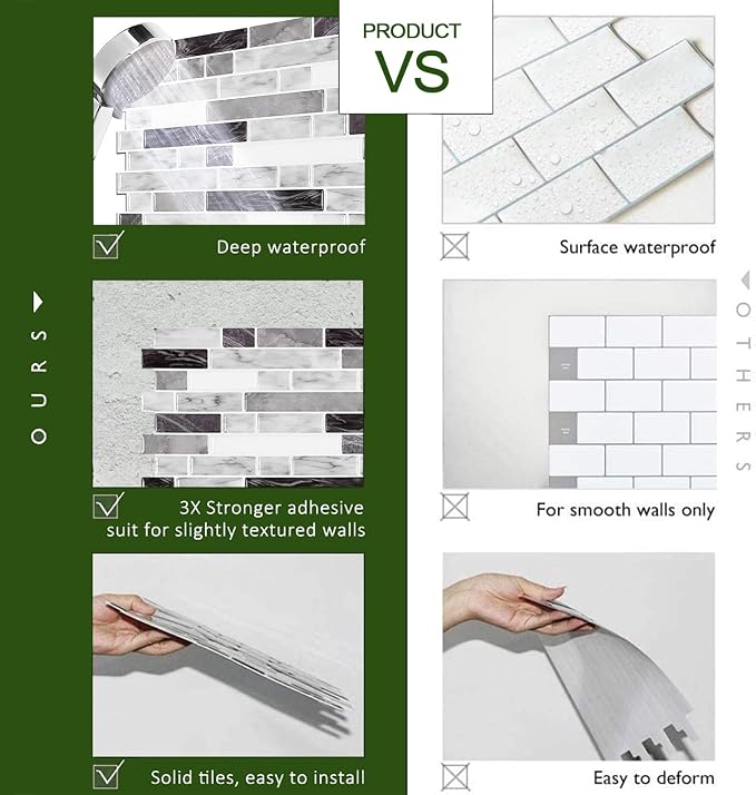 STICKGOO Thicker Design Peel and Stick Tile Backsplash, 12”×12”Stick on Backsplash for Kitchen, Self Adhesive Tile for Kitchen Backsplash and Bathroom(10 Sheets, Carrara Grey)
