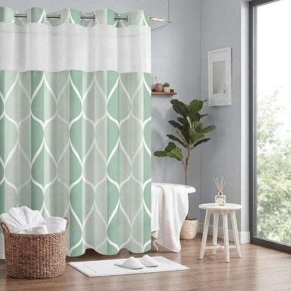 Gelbchu Dark Green No Hook Shower Curtain with Snap-in Liner, 71 x 74 Inch | Built-In Hooks, Mesh Top Window, Water-Repellent, Machine Washable, Quick Drying, Premium Polyester, Hotel Style, Modern