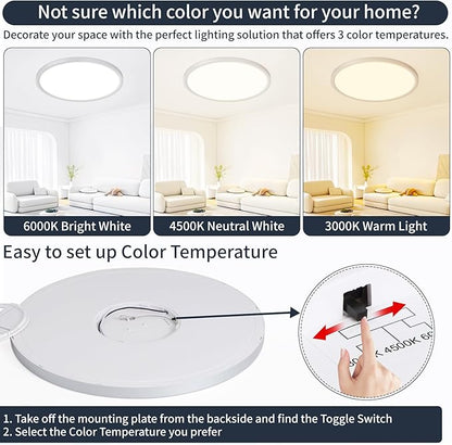 20 Inch Flush Mount Ceiling Light, Bright 40W Dimmable LED Fixture 4000LM, 3000K/4500K/6000K Adjustable, Durable Round Ceiling Lamp for Bedroom, Kitchen, Living Room, Dining Room, Bathroom, Silver