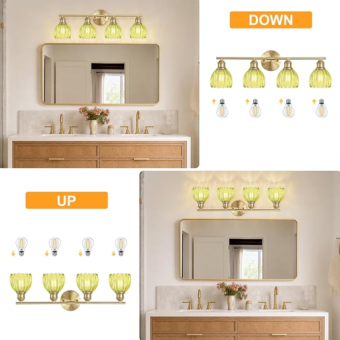 Bathroom Light Fixtures, 4-Light Brushed Gold Vanity Lights for Bathroom with Green Tulip Glass Shade, 26" Vintage Bathroom Vanity Lighting Fixtures Over Mirror for Bedroom Living Room Hallway