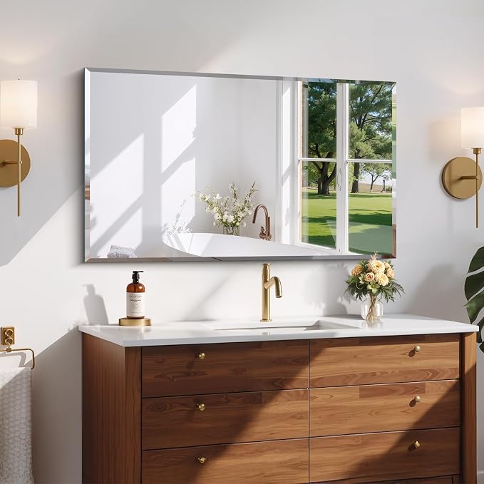 CILIBER Beveled Mirror, 24x40 Frameless Beveled Bathroom Mirrors for Wall, 3mm Tempered Glass Rectangle Vanity Mirror with Beveled Edge, Crystal-Clear, Hangs Horizontally or Vertically