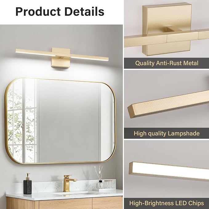Gold Bathroom Vanity Light, 24 Inch LED Light Bar Over Mirror | Modern Bathroom Light Fixture Over Mirror for Vanity, 360° Rotatable Dimmable LED Wall Mounted Lighting, ETL Certified