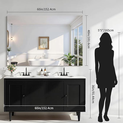 KOCUUY Frameless Mirror, 60"x40" Bathroom Mirror for Over Sink, Upgraded Shatterproof, Large Rectangle Unframed Mirror for Wall, Bathroom, Bedroom, Living Room, Entryway, Hang Horizontal/Vertical