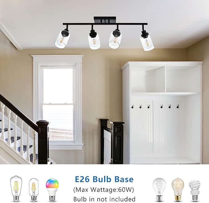 MELUCEE 4 Light Track Lighting Kit Bathroom Light Fixtures Matte Black Ceiling Spotlight Fixture for Hallway Foyer Bath Storage, Clear Glass Shade