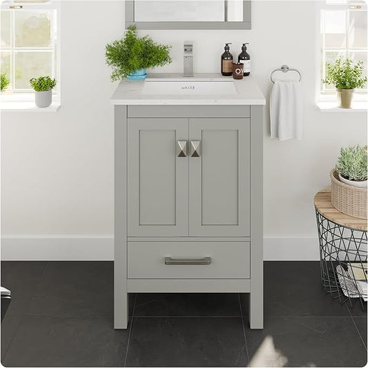 Eviva London 24 in. Gray Single Sink Bath Vanity with Carrara Quartz Top and Undermount Porcelain Sink
