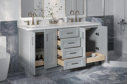 ARIEL Taylor 66-inch Bathroom Vanity with Sink,Solid Wood, 1.5-inch Pure White Quartz Countertop & Backsplash, Double Oval Porcelain Sink, 4 Soft Closing Doors, 5 Dovetail Drawers, Satin Brass, Grey