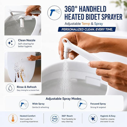 DC02 iCleaningo Electric Bidet Toilet Seat, Auto Open & Close Lid, Heated Seat, Adjustable Wash & Dry, 360° Handheld Sprayer, 42-Color Dual-Ring Ambient Light, Elongated, Remote
