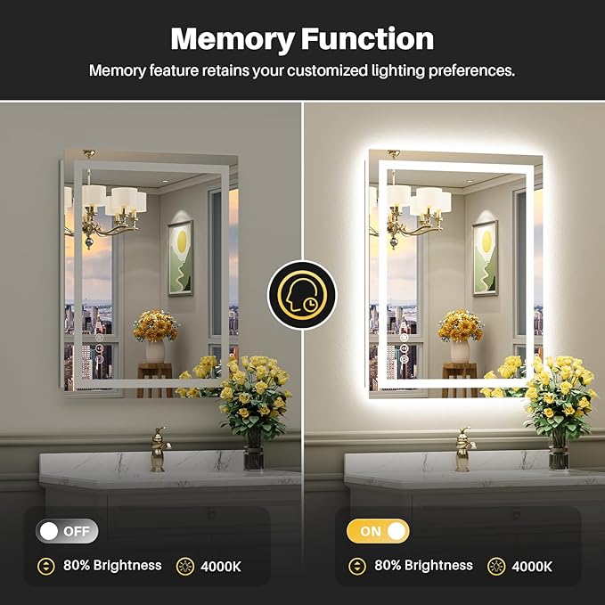 36x32 Inch LED Bathroom Mirror with Lights, Backlit & Front Lit, Anti-Fog Lighted Bathroom Vanity Mirror for Wall, Memory Function, Dimmable, HD Tempered Glass, Shatter-Proof