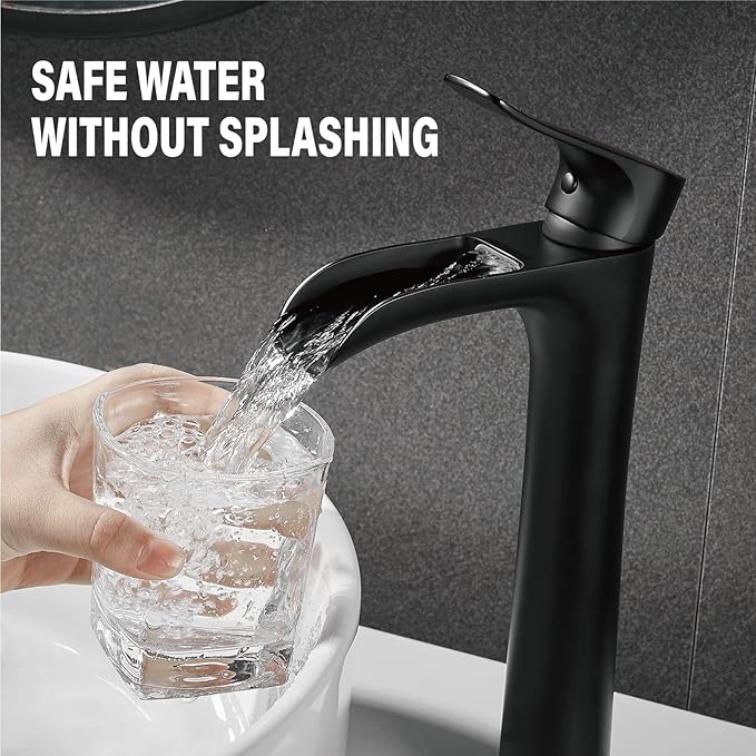 YUNDOOM Vessel Sink Faucet, Matte Black Single Hole Single Handle Tall Bathroom Bowl Sink Faucet,Waterfall Bathroom Faucet