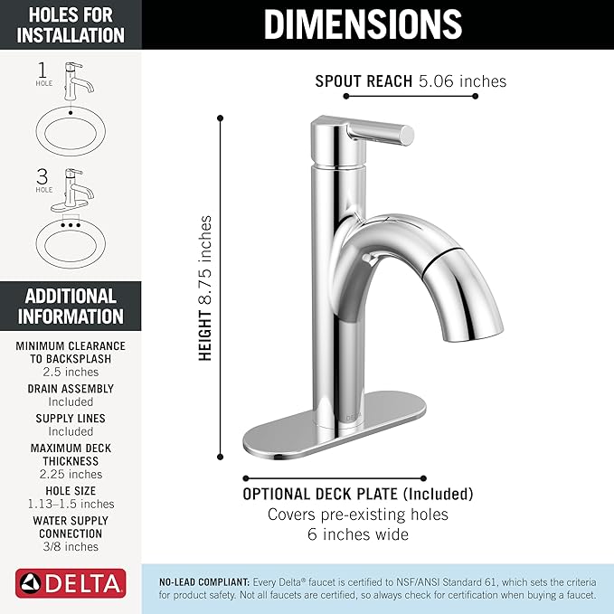 Delta Nicoli 1 Hole Pull Down Bathroom Faucet with Sprayer, Chrome Single Hole Bathroom Sink Faucet with Pull Out Sprayer for Vanity, Metal Push-Pop Drain, Chrome 15749LF-PD