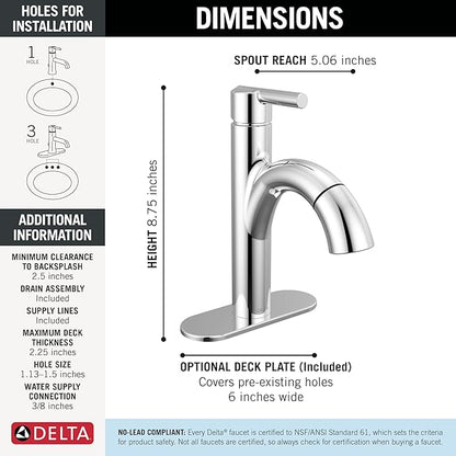Delta Nicoli 1 Hole Pull Down Bathroom Faucet with Sprayer, Chrome Single Hole Bathroom Sink Faucet with Pull Out Sprayer for Vanity, Metal Push-Pop Drain, Chrome 15749LF-PD