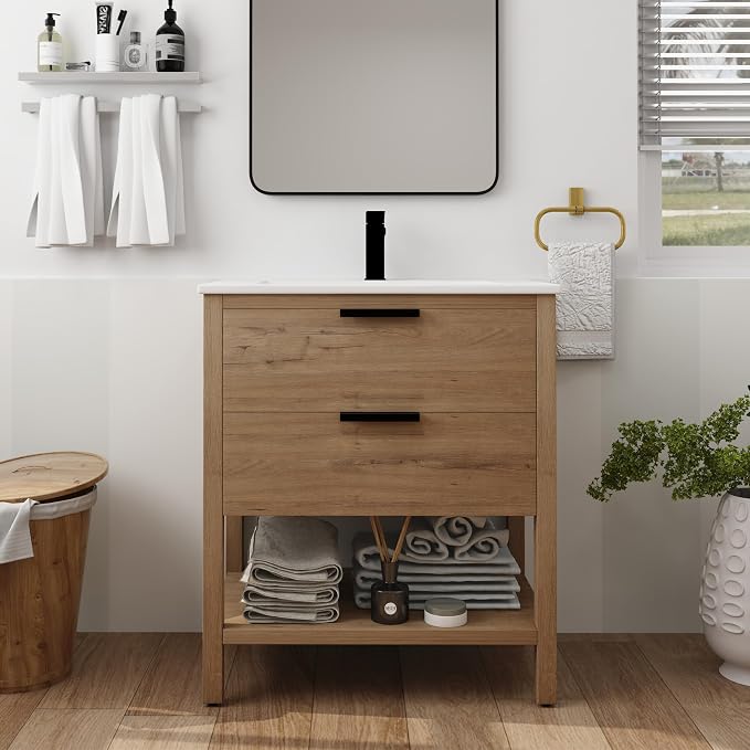 Free Standing Bathroom Vanity with Sink Modern 30" Bathroom Vanity with Top Basin&Storage Drawers Oak Wood Bath Vanity w/White Ceramic Sink for Small Bathroom Powder Room