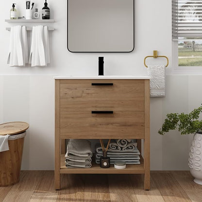Free Standing Bathroom Vanity with Sink Modern 30" Bathroom Vanity with Top Basin&Storage Drawers Oak Wood Bath Vanity w/White Ceramic Sink for Small Bathroom Powder Room