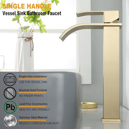 Vessel Sink Faucet, JXMMP Brushed Gold Bathroom Faucet Single Hole with Supply Hose and Pop Up Drain, Single Handle Waterfall Faucet for Bowl Sink, 1 Hole Vanity Faucet, JXM1221BG