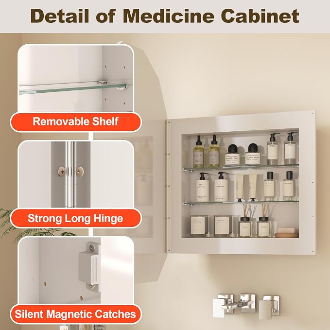FKWin Luxury Diamond Frameless Medicine Cabinets for Bathroom, 30x21 Inch | Modern Bathroom Medicine Cabinet, Recessed medicine cabinet or surface mount medicine cabinet, Easy Install, Reversible Door