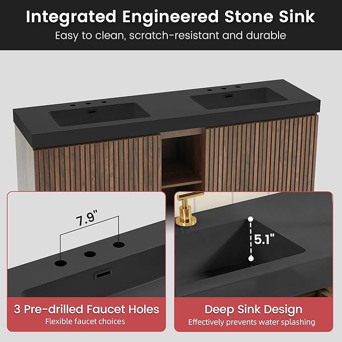 72" Bathroom Vanity with Double Sink, Freestanding Double Sink Bathroom Vanity with Black Engineered Stone Top, Open Storage Cabinet & Adjustable Shelf, 4 Soft-Closing Doors, Walnut