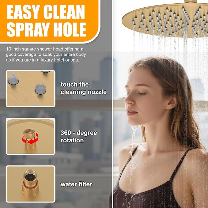 3 Functions Shower System，Modern Three-Setting 10-Inch Round Rain Shower Head and Faucet Set，Shower Faucet Set Complete Rough-in Valve and Trim Kit Included（Brushed Gold）