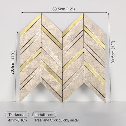 Yipscazo 10-Sheet Herringbone Peel and Stick Backsplash, Beige Stone Mixed Metal Gold PVC Stick on Tiles for Kitchen, Waterproof Self Adhesive Wall Tiles for Bathroom