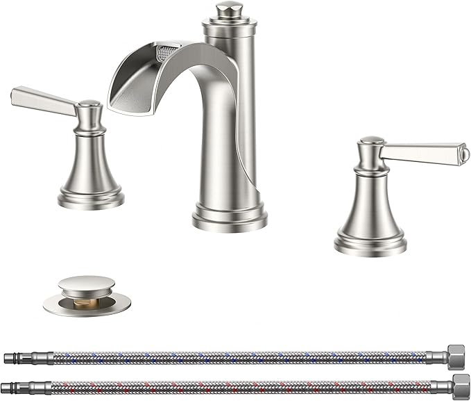 FORIOUS Brushed Nickel Bathroom Faucet Widespread 3 Hole for 6"-12" Sinks, 2 Handle 8" Waterfall Silver Bathroom Sink Faucet 3 Holes Vanity with Metal Drain Stopper and 22" Water Hoses