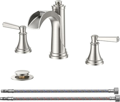FORIOUS Brushed Nickel Bathroom Faucet Widespread 3 Hole for 6"-12" Sinks, 2 Handle 8" Waterfall Silver Bathroom Sink Faucet 3 Holes Vanity with Metal Drain Stopper and 22" Water Hoses