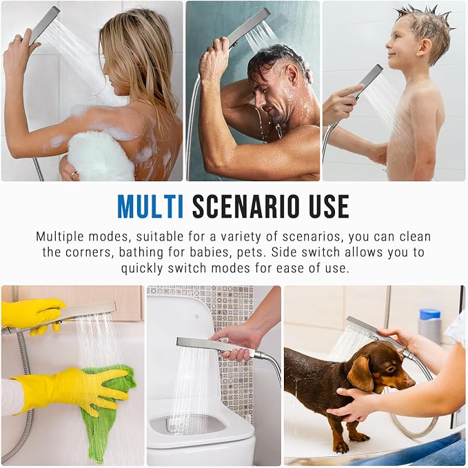 G-Promise All Metal Square 3 Function Handheld Shower Head(Brushed Nickel) | All Metal Construction, 3 Function Modes with Massage, Modern Look, Push Switch, Easy Installation