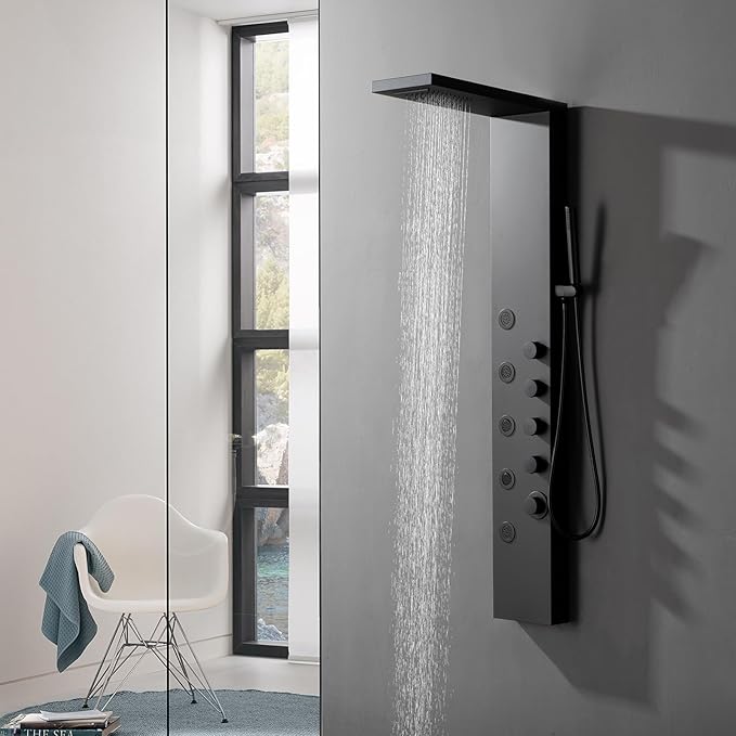 Matte Black Bathroom Shower Tower, 304 Stainless Steel Shower Panel Tower System with Rainfall Shower Head 4 Rain Massage Body Jets for Home Hotel Resort Bathroom Lavatory
