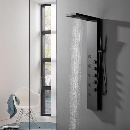 Matte Black Bathroom Shower Tower, 304 Stainless Steel Shower Panel Tower System with Rainfall Shower Head 4 Rain Massage Body Jets for Home Hotel Resort Bathroom Lavatory