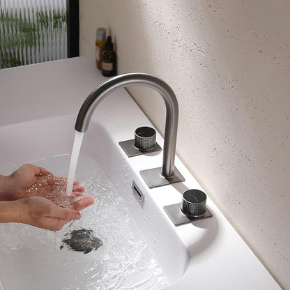 Water Faucet Restroom 3 Hole Gooseneck 2 Knob Faucet for Bathroom Sink Brass,Gun Gray