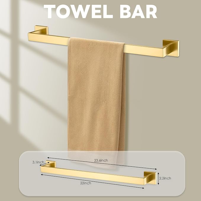 5-Piece Brushed Gold Bathroom Hardware Set - Hand Towel Bar, Toilet Paper Holder, Towel Ring & Rack