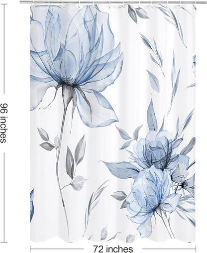 Blue Boho Floral Shower Curtain, Watercolor Botanical Design, 72 x 96 | Boho Floral Design, Watercolor Ink Painting Style, Botanical Flowers & Leaves, Elegant Bathroom Accent, Fabric Cloth Curtain
