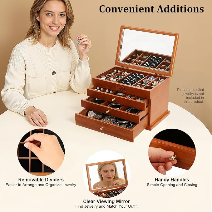 Large Wooden Jewelry Box with Mirror, 4 Layers Jewelry Organizer with 3 Drawers, Watches Necklace Ring Storage Box for Women