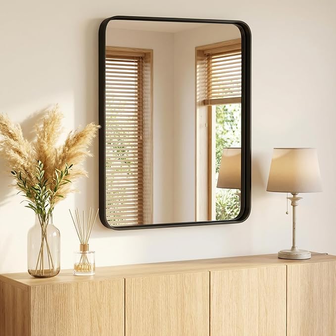 Sweetcrispy Bathroom Mirror 36x28 Inch, Vanity Mirror for Wall | Metal Framed Rounded Rectangle, Over Sink, Farmhouse, Restroom, Anti-Rust, Horizontal or Vertical Hanging, Black
