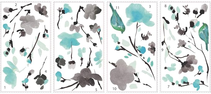 RoomMates Blossom Watercolor Bird Branch Peel and Stick Wall Decals, Multi Color, Vinyl, 33-in x 26.75-in, Made in USA