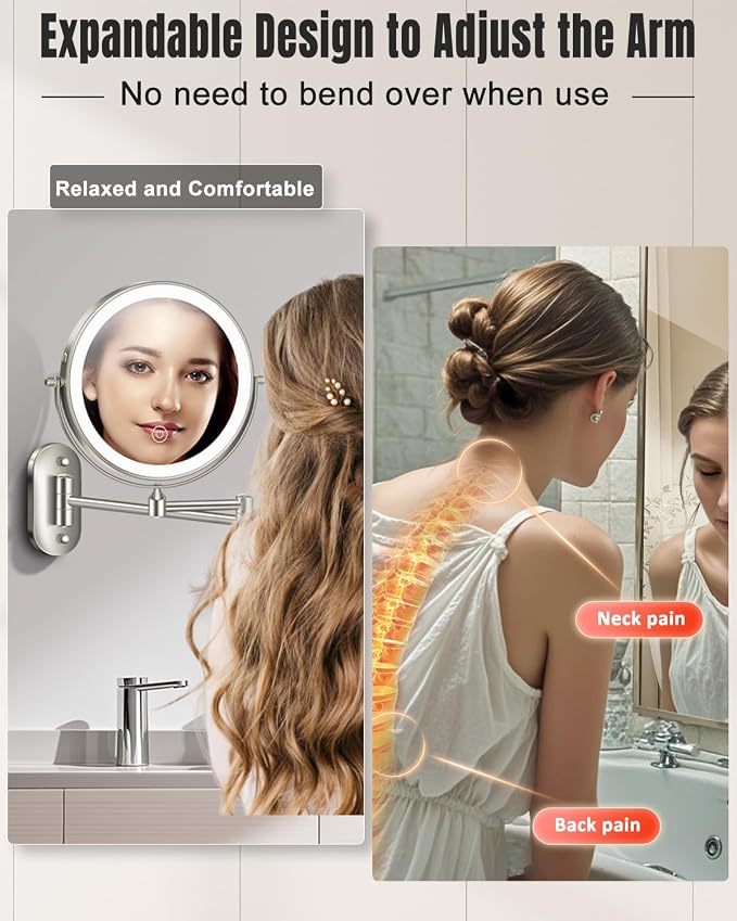 VFD 8'' 30X/1X Wall Mounted Lighted Magnifying Makeup Mirror with Lights | Double Sided Rechargeable Bathroom Mirror, 3 Color Lights Touch Dimmable Extended Arm 360 Rotation Light up Mirrors