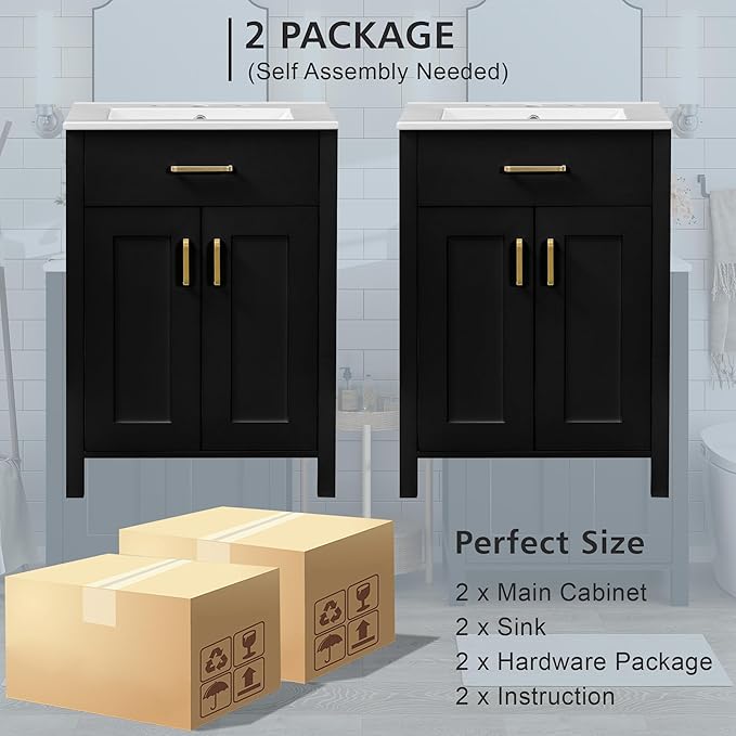 Harper & Bright Designs 48" Bathroom Vanity Set with Double Sink, Free Standing Single Basin Vanity Set with 2 Soft-Close Doors and Drawer, Wood Storage Cabinet with Ceramic Basin for Bathroom, Black