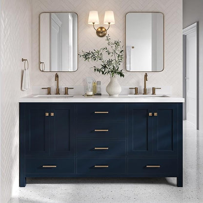 Beckford 66" Midnight Blue Double Bathroom Vanity with Sink, 1.5" Pure White Quartz Countertop, Rectangular Undermount Sinks, 4 Soft Closing Doors, 6 Full Extension Dovetail Drawers