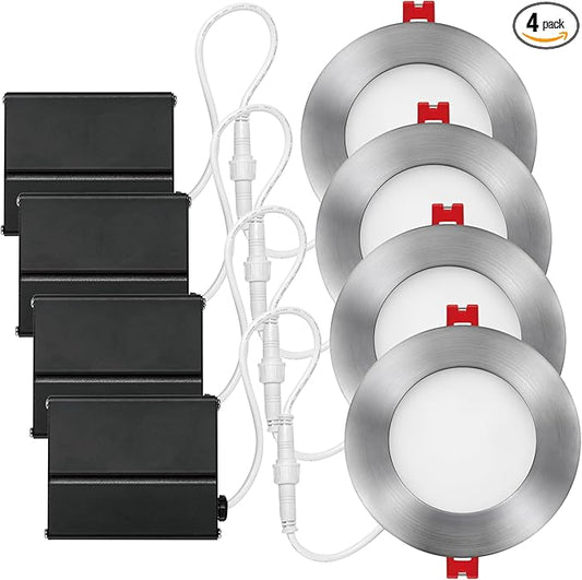GLOBE Electric 4" Ultra Slim LED Integrated Recessed Lighting Kit 4-Pack, 9 Watts, Energy Star, IC Rated, Dimmable, Wet Rated, Brushed Nickel Finish, 4.25" Hole Size,91122, 540 Lumen