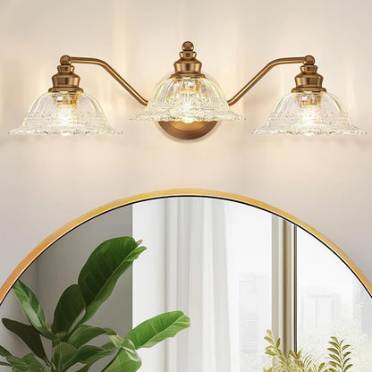 Redluck 3-Light Vintage Bathroom Light Fixtures, Vanity Lights Brass Gold | Flower Glass Shade, Easy to Install, Antique Brass Metal Finish Wall Sconces Lighting for Bathroom Mirror, Living Room