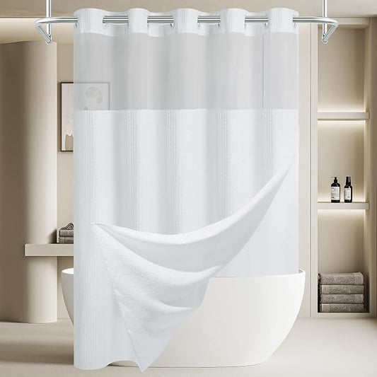EUTXL Heavyweight No Hook Shower Curtain with Liner, White,71x98 | Snap in Liner, 256GSM Thick Waffle Fabric, Hotel Luxury Spa, Corner Magnets, Quick Dry, Waterproof & Washable, Extra Tall